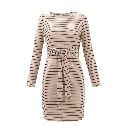 WTEMPOAutumn Winter Sweater Dress Women Sexy Slim Striped Belt Bodycon Dress Female O Neck Long Slee