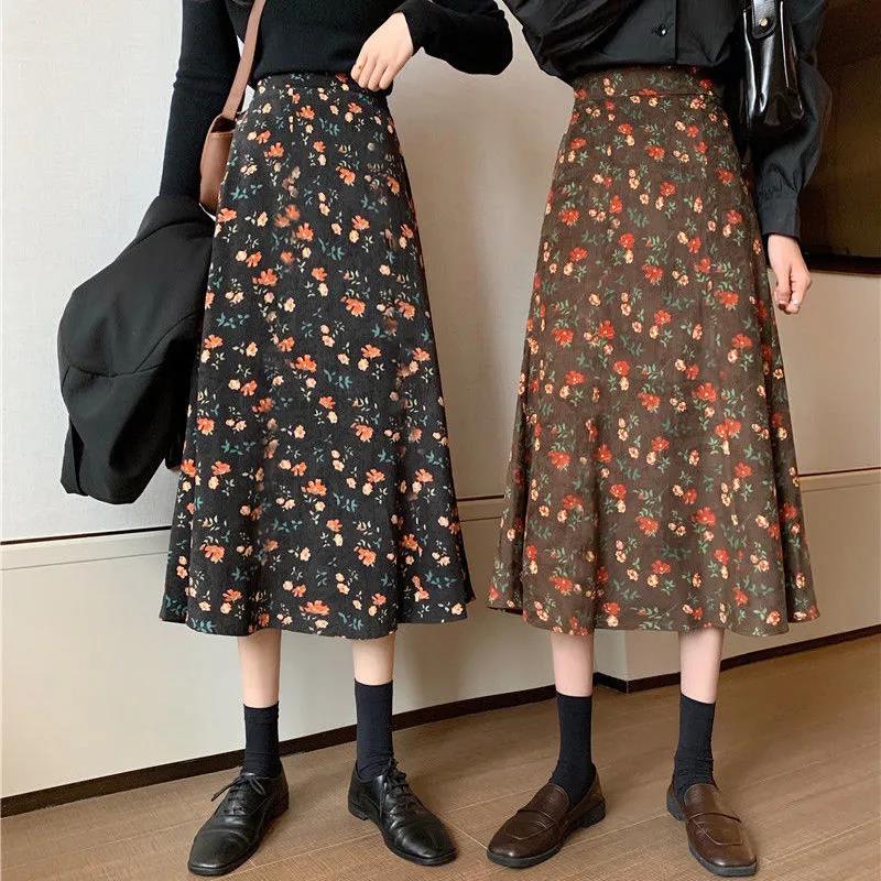 Corduroy Skirt Female Autumn and Winter Long Floral A-line Skirt Ins Super Fairy Thin Student Loose Long Skirt