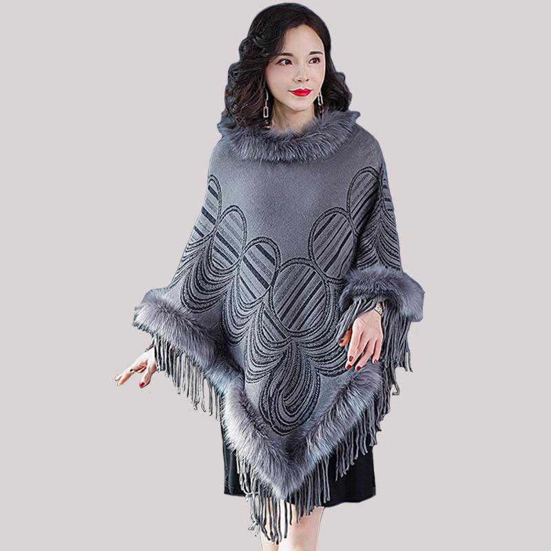 Autumn Winter Imitation Fox Fur Cloak Shawl Batwing coat Women's Faux Fur Coat Plus Size Tassel  Sweater Coat Mid-length