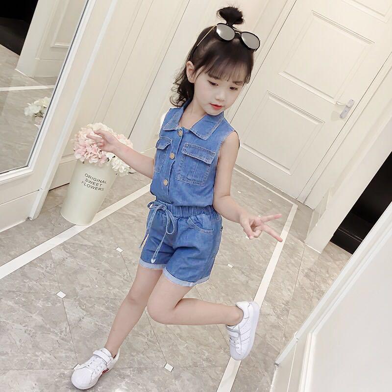 Girls Clothing Sets Summer Denim Short T-shirt+Pants Korean Style Single Breasted 2Pcs for Kids Baby Suit Cowboy Suit