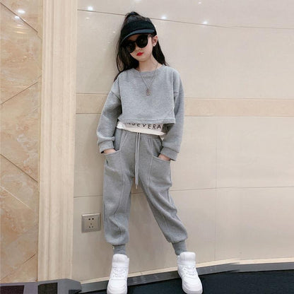 Girls' Spring and Autumn Suit Children's Leisure Suit Sports Sets Sweater Fake Two Pieces Solid Color Loose Two Pieces