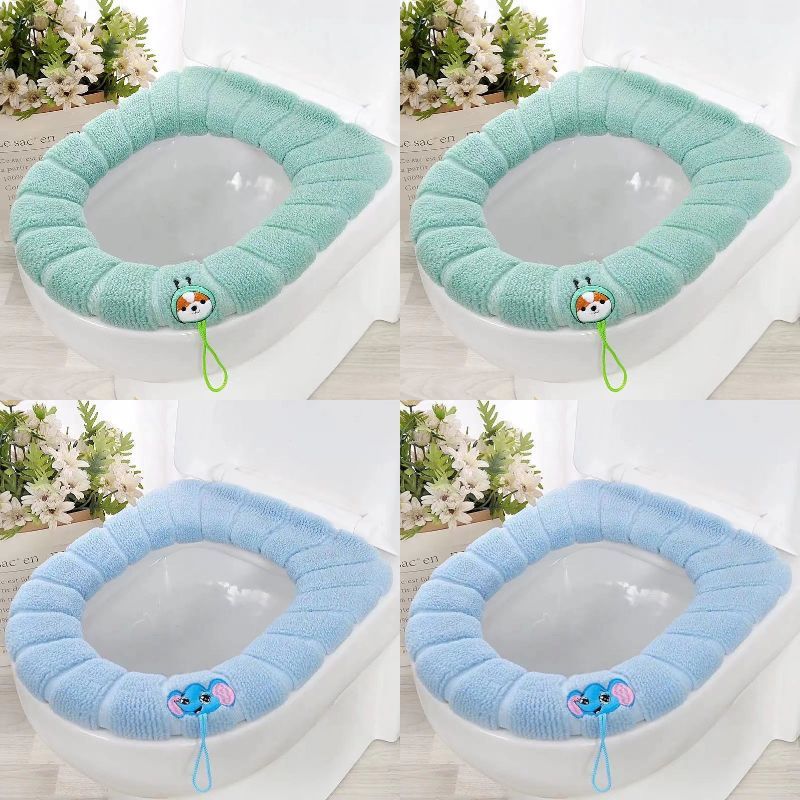 Winter Warm Toilet Seat Cover Closestool Mat 4Pcs Washable Bathroom Accessories Knitting Pure Color Soft O-shape Pad Bidet Cover