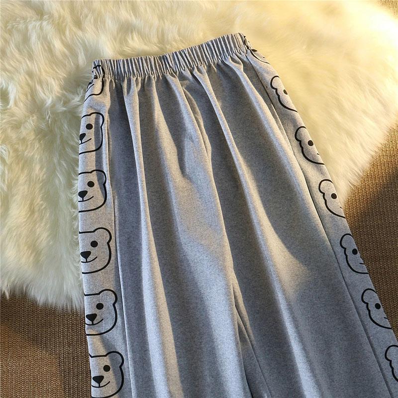 Spring and Summer Loose Small Wide-leg Pants Women's High Waist Drape Bear Sports Pants Casual Straight Mopping Trousers