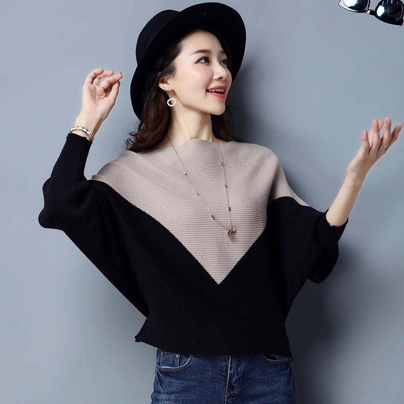 Pofulove Women Batwing Sleeve Sweater Loose Knit Pullover Sweater Female Stitching Contrast Boat Neck Jumper Tops