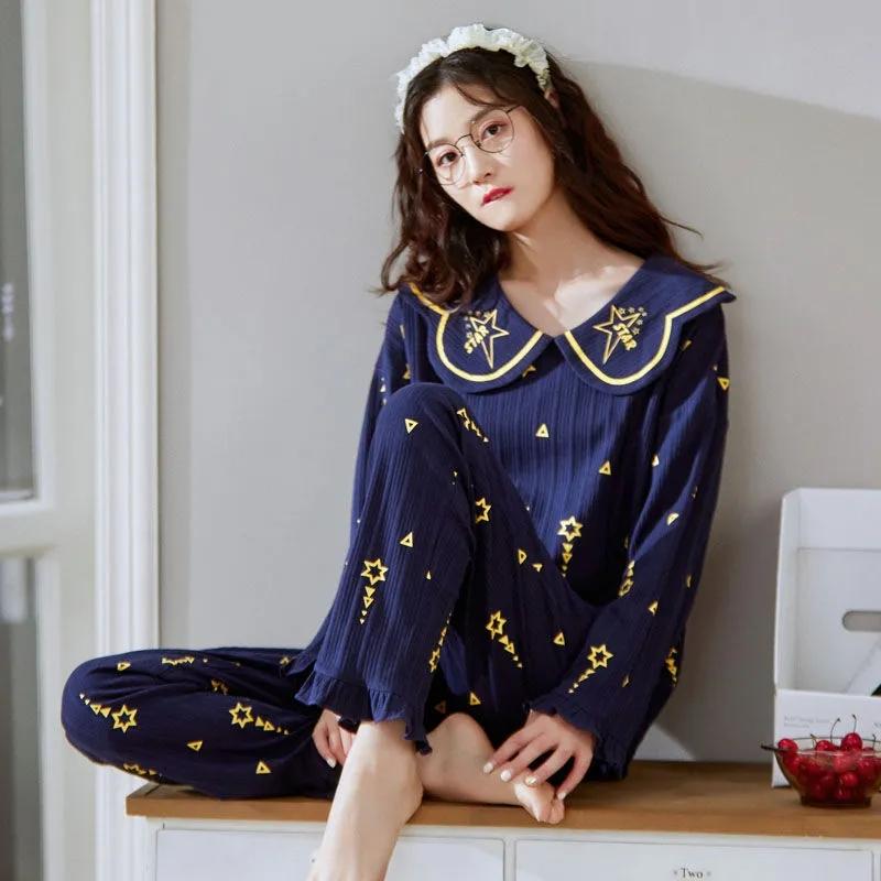 Pajamas for Women Spring Autumn Long Sleeve Sleepwear Set Winter Home Wear Suit Cartoon Cute Casual Simple Loose Girls Cotton Night Wear Pullover