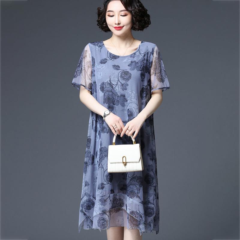 L-XXXXXL Women's Summer Dress Middle-aged Mother Chiffon Veil Short Sleeve Round Neck Printing Mid-length Daily Wear