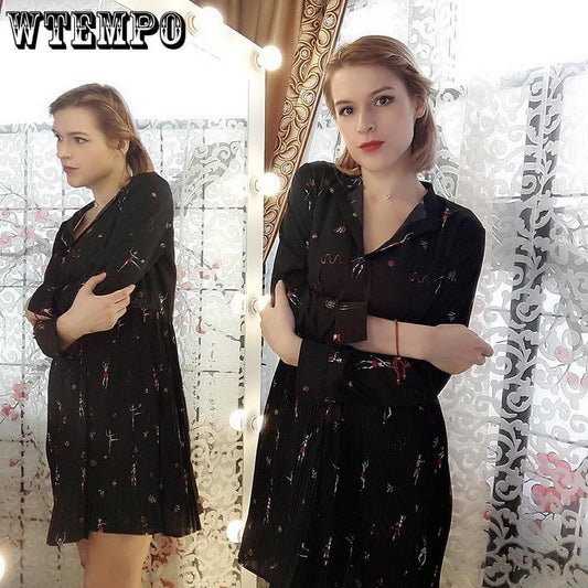 Plus Size Dress Women Midi Shirt Printed Boho Maxi Pleated Dresses Summer Black Loose Blouse High Waist Beach Dress