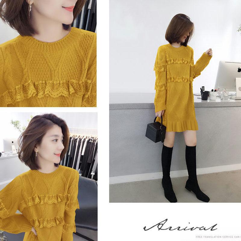 Autumn and Winter Fashion Knitted Bottoming Skirt Mid-length Solid Color Casual Dress Long-sleeved Lace Female Sweater Dress