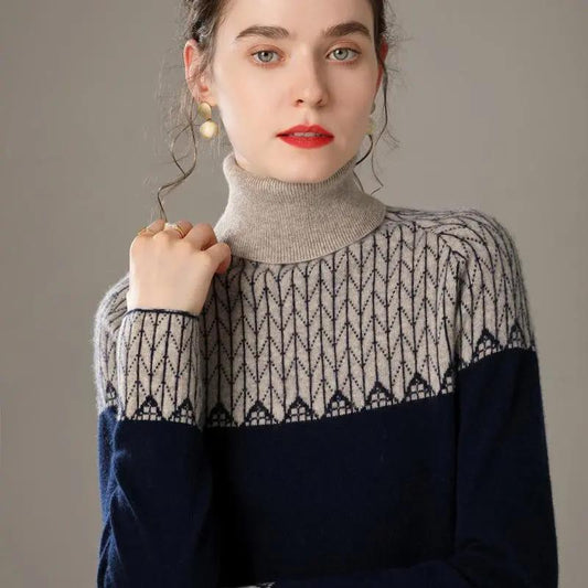 Autumn and Winter Retro National Style Knitted Shirt Women's High Neck Loose Pullover Color Matching Jacquard Knitted Bottom Shirt