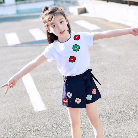 2PCS Children Clothing Set Spring Summer Girls Suits Embroidery Short Sleeve Tops + Pants Clothing Set