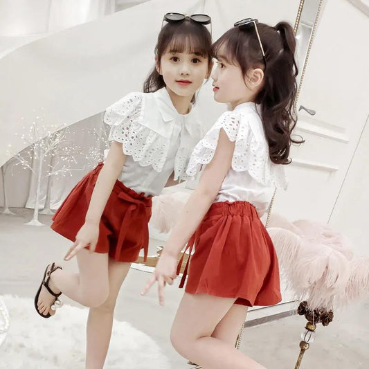 2PCS Children Clothing Set Spring Summer Girls Suits Lace Hollow Out Short Sleeve Tops + Pants Clothing Set