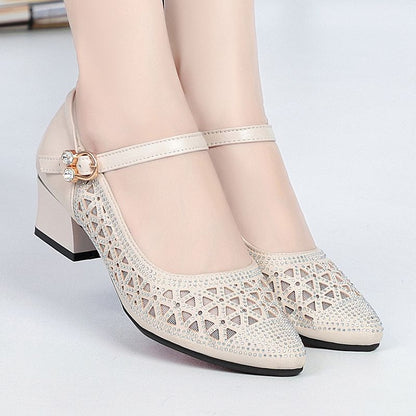 Women's High-heeled Sandals Mesh Sandals Hole Shoes Hollow Breathable Single Shoes Soft Sole Mid-heel Shoes