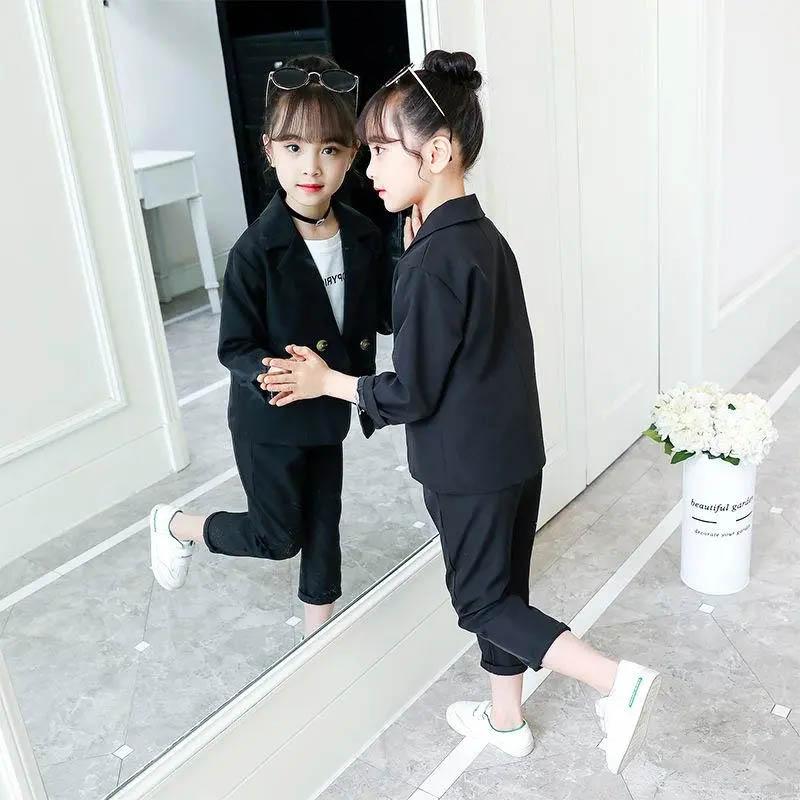 Girls Suit Two-piece Korean Version Spring and Autumn Long-sleeved Jacket Nine-point Pants Solid Color Suit Jacket Trousers Two-piece Set