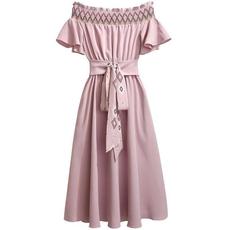 Pofulove Off-the-shoulder Dress Summer Party Dress Retro Chiffon Skirt Long A-line Dress with Belt