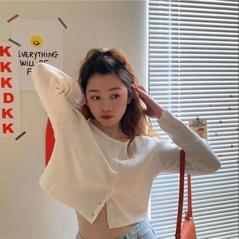 Korean Style O-neck Short Knitted Sweaters Women Thin Cardigan Fashion Sleeve Sun Protection Crop Top