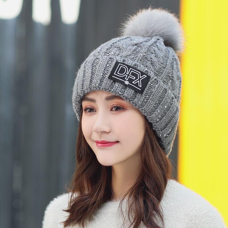 Women's Winter Hat Fur PomPoms Ball Knitted Hats Scarf Hat Set Winter Women Beanie Hat Skullies Cap