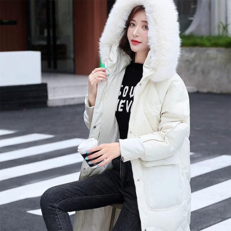 Women's Shiny Down Padded Jacket Mid-length Korean Style Loose Padded Jacket Warm Cotton Coat Big Fur Collar Winter Clothes