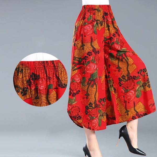 Women Summer Large Size Printed Dance Culottes Loose High Waist Vintage Elastic Casual Cropped Pants