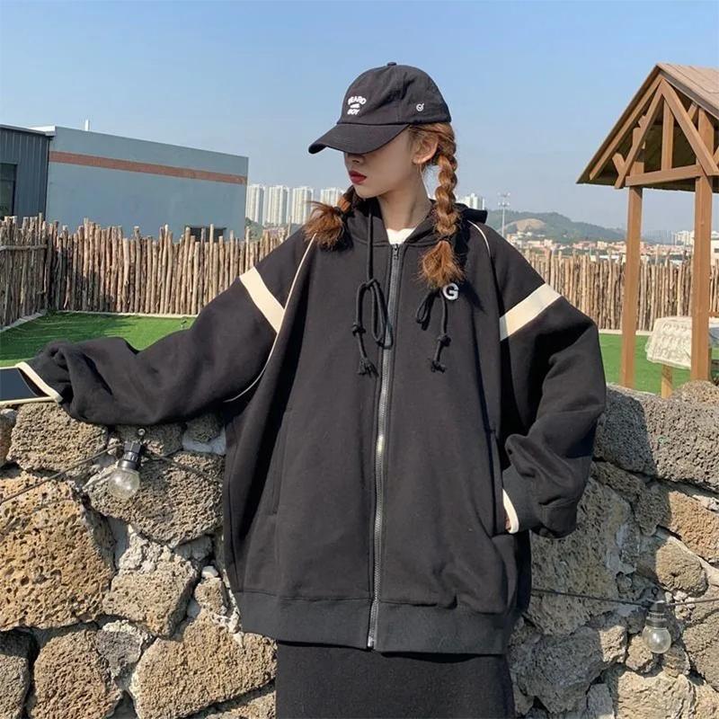 Hooded Sweater Women's Fleece Thickening Autumn and Winter Korean Version Loose Cardigan Mid-length Baseball Uniform Retro Jacket Zipper Coat