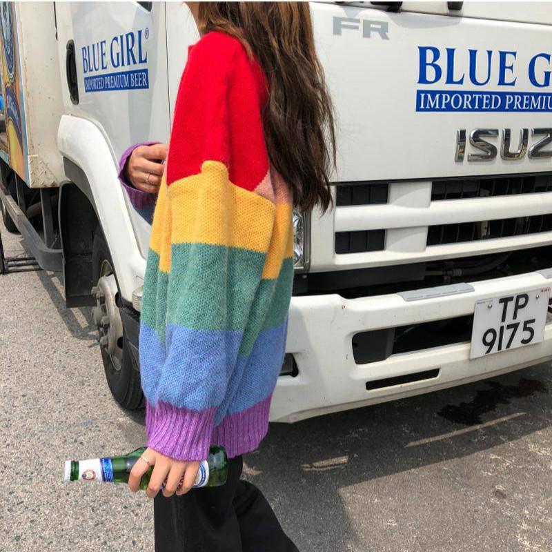 Pofulove Sweet Rainbow Striped Sweater Female Korean Lazy Loose Hit Color Pullover Sweater Coat