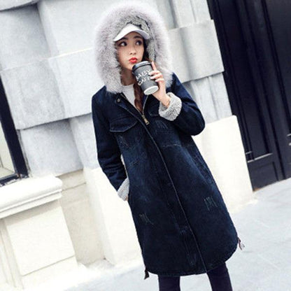 Winter Coat Women's Mid-length Korean Style Loose Thick Plus Cashmere Lamb Wool Cotton Coat Denim Jacket Cotton Jacket