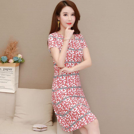 National Style Long Bottoming Shirt Short-sleeved Dress Slimming Plus Size T-shirt Female A-line Version Waist Slimming Round Neck Dress