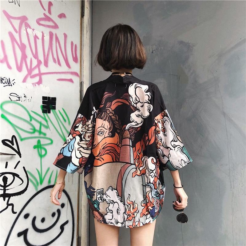 Comic Print  Cardigans Japanese Kimono Cardigan Woman Thin College Streetwear Sunscreen Clothes Kimono Coat