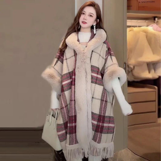 Large Fur Collar Cloak Cloak Jacket Female Autumn and Winter Temperament Shawl Ladies Warm Soft and Comfortable Plus Velvet Jacket