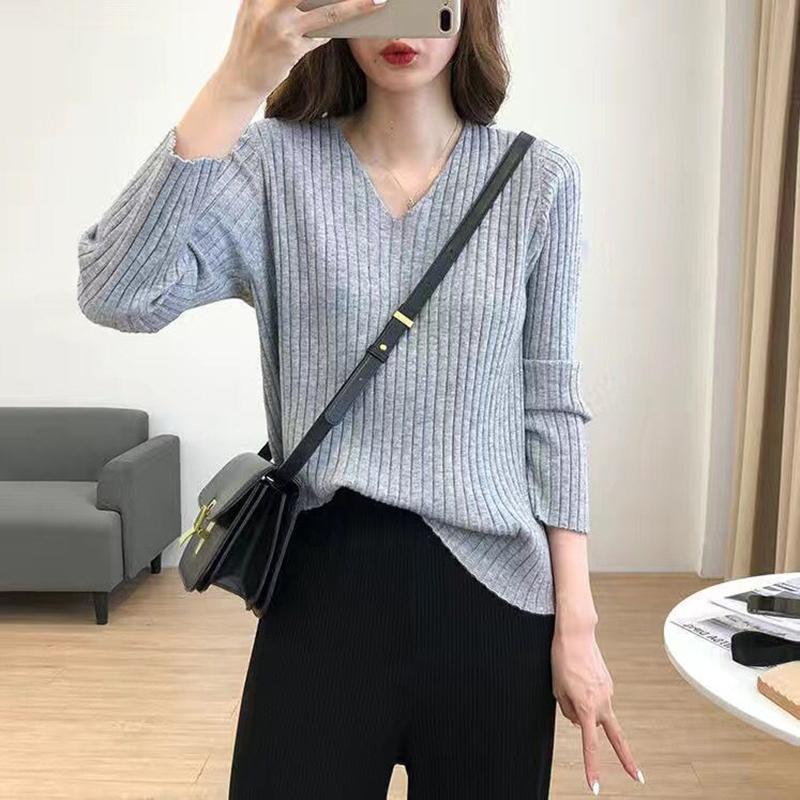 All-match Simple Sweater Women's V-neck Long-sleeved Loose Bottoming Sweater Outer Wear Pure Color Thin Sweater Fabric Soft