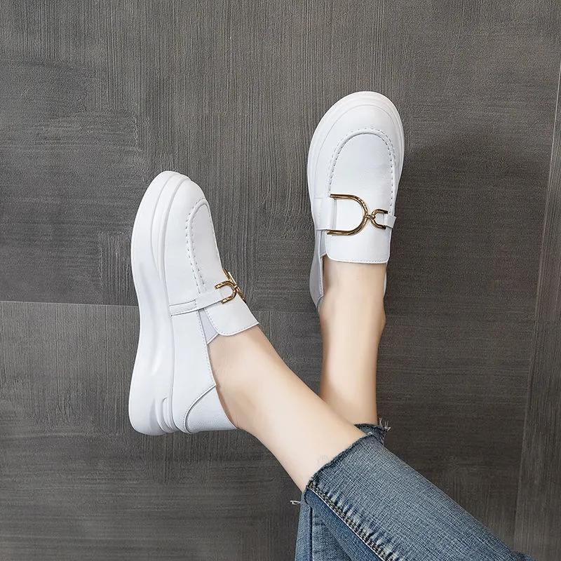 Women's Thick-soled White Shoes Spring and Autumn All-match Pregnant Women Slip-on Shoes Ladies Student Loafers Height Increasing White Shoes