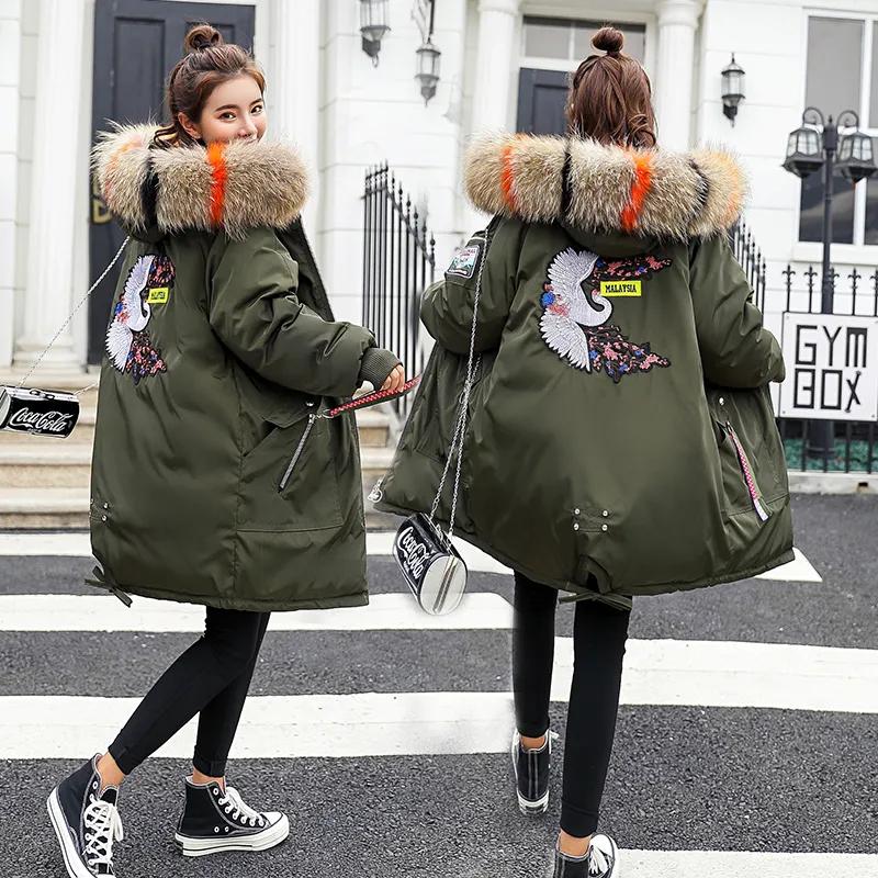 Winter Jacket Fur Collar Hooded Parkas Hooded Thicken Warm Plus Size Down Coats Women Crane Embroidery Fashion Streetwear Harajuku Hip Hop Jackets