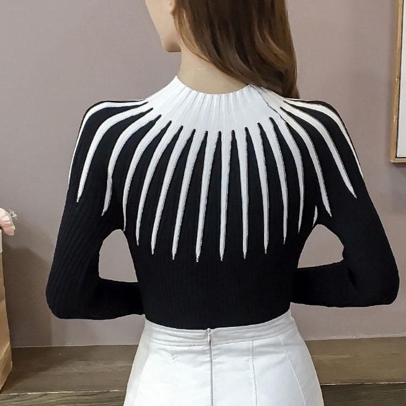 Autumn and Winter Half High Neck Striped Bottoming Shirt Slim Pullover Knit Top Sexy Long Sleeve Women's Sweater