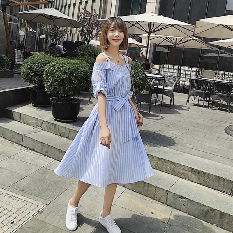 Pofulove Striped shirt dress summer women's midi loose off-shoulder pleated strap dress with belt