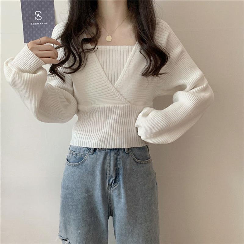 Design Sense Square Neck Bottoming Shirt Short Wild Sweater Puff Sleeve Knit Sweater Women's Temperament Knitted Top