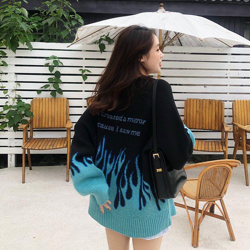 Women Flame Butterfly Embroidery Knit Sweater  Loose Casual Sweater Warm Pullover Sweater Coat Outer Wear Autumn Winter