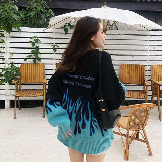 Women Flame Butterfly Embroidery Knit Sweater  Loose Casual Sweater Warm Pullover Sweater Coat Outer Wear Autumn Winter