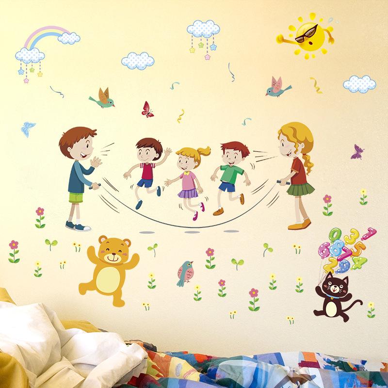 Happy jumping rope  kindergarten background decorative wall stickers childhood wallpaper