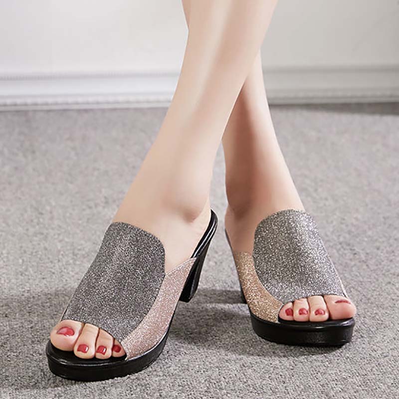 Sandals and Slippers Women Summer Thick-heeled High-heeled All-match Fashion Non-slip Mid-heel Slippers Women Sandals Women