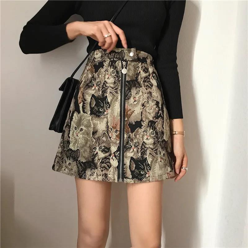 A-line Skirt Embroidered Cat Print Skirt Autumn and Winter Age Reduction Women's Bag Hip Skirt High Waist Skirt Female Student