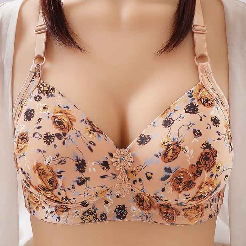 Peony Print Thin Large Size No Steel Ring Beautiful Back Bra Gather Side Breast Bras Anti-sagging Three-Row Three-Button Sexy Comfortable Bra