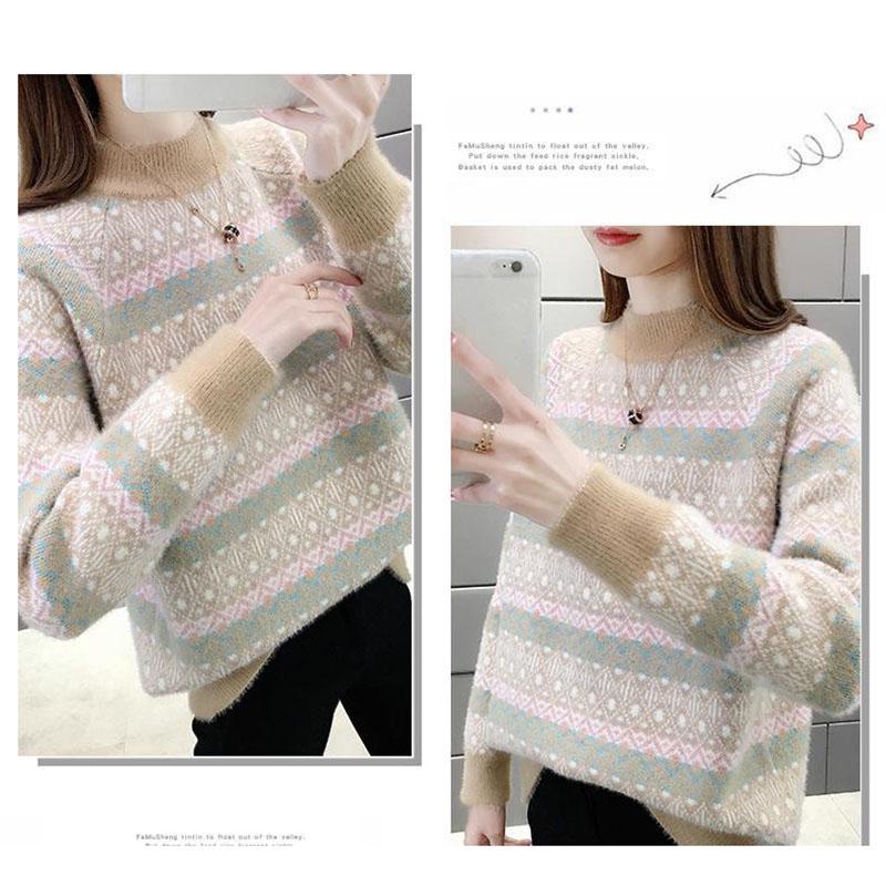 Color Thick Striped Sweater Autumn and Winter Loose Pullover Half High Neck Knitted Young Women's Top