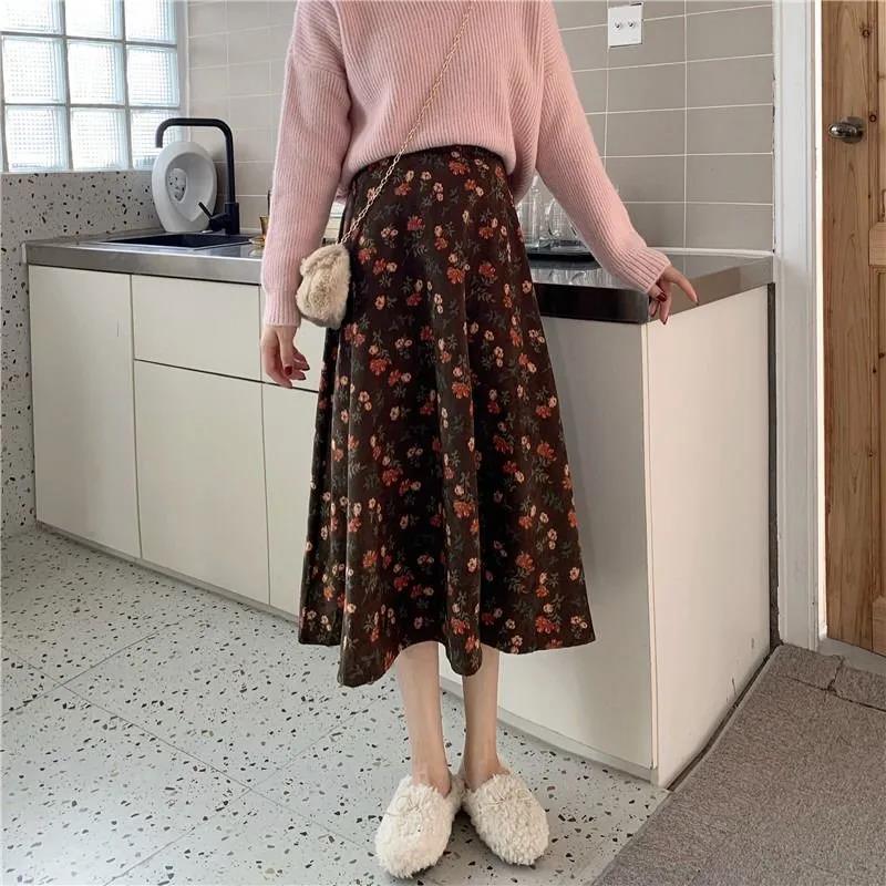 Corduroy Skirt Female Autumn and Winter Long Floral A-line Skirt Ins Super Fairy Thin Student Loose Long Skirt