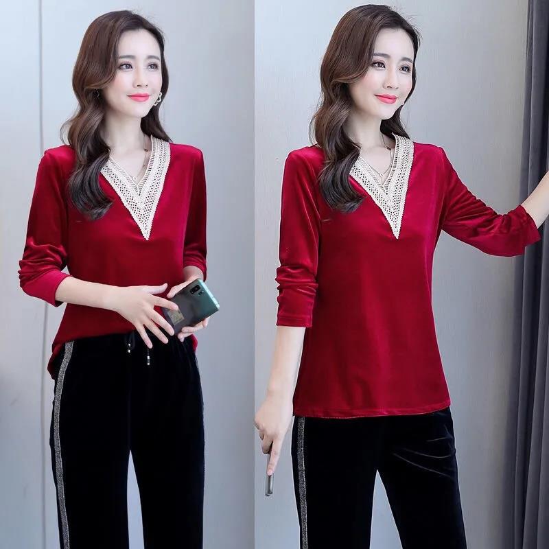 Women Sexy V-neck Golden velvet Office Blouse Elegant Long Sleeve Wild Basic Shirts Vintage Casual Ladies Top Spring Fall Pullover