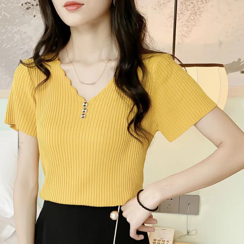 Women Summer Tops Vintage Large Size Short Sleeve Slim V-neck Buttons Knitted Thin Solid Color Casual Tops