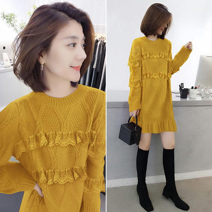 Autumn and Winter Fashion Knitted Bottoming Skirt Mid-length Solid Color Casual Dress Long-sleeved Lace Female Sweater Dress