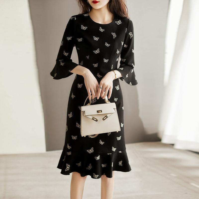 Ladies Butterfly Print Ruffle Sashes A Line Dress Women Fashion Back Keyhole O Neck Long Sleeves Spring Autumn Dresses