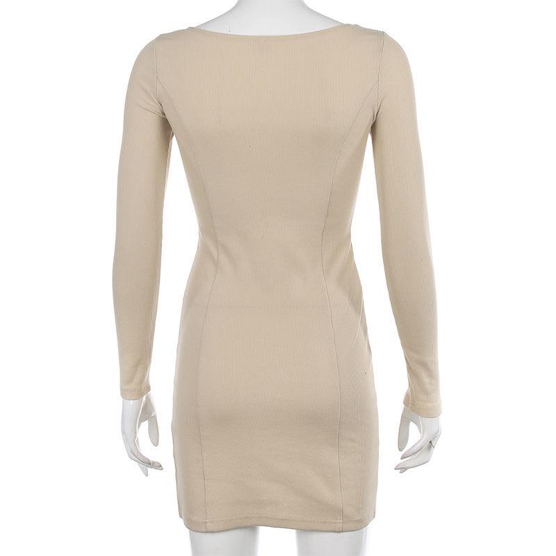 Sexy Slit Tight-fitting Knitted Dress Women Summer and Autumn Square Collar All-match Hip Dress