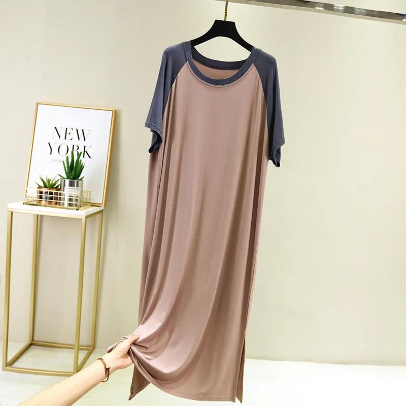 Summer Women's Modal Dress Round Neck Loose Large Size Nightdress Thin Dress Short Sleeve Long Dress