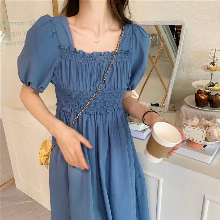 Women's Summer Retro French Over The Knee Long Close Waist Slim Foam Square Neck Short Sleeve Dress