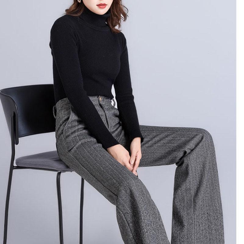 Woolen Wide-leg Pants Women's Autumn and Winter New Style Herringbone Pattern Thickened High Waist Large Size Loose Straight Casual Women's Pants